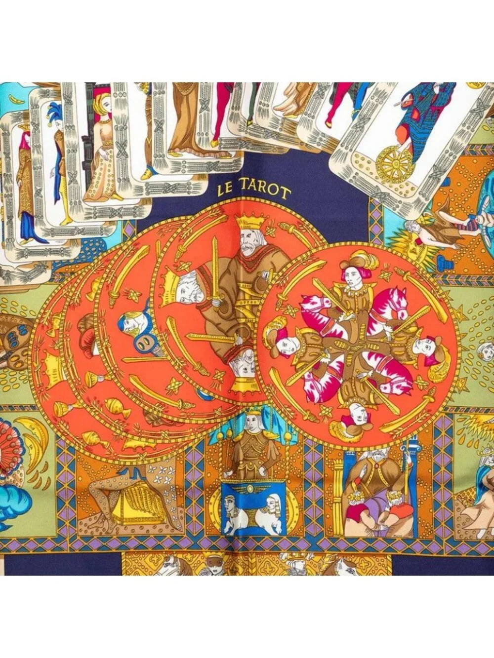 Hermes Carre 90 le Tarot Card Scarf Navy Multicolor Silk